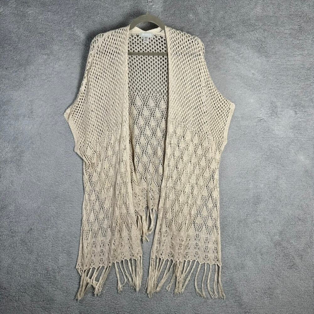 Demdaco Women's OS Beige Knit Crochet Cardigan Fringe Open Front Boho Hippy